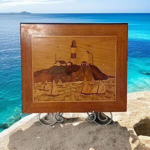 Vintage Marquetry Plaque Picture Inlaid Exotic Wood Coastal Lighthouse Sailboats